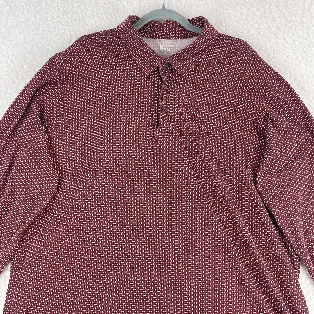Lands'‎ End Red Long Sleeve Polo Shirt Mens Collared Stretch Geo Print Size XXL